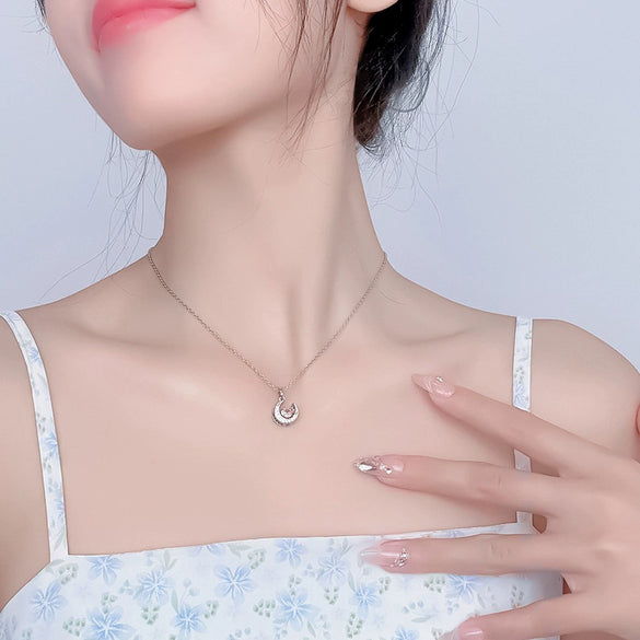 Wholesale Titanium Steel Inlaid Zircon Geometric Moon Pendant Necklace For Women Sweet Style