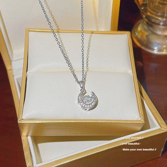 Wholesale Titanium Steel Inlaid Zircon Geometric Moon Pendant Necklace For Women Sweet Style