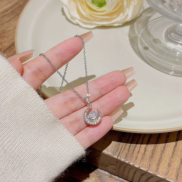 Wholesale Titanium Steel Inlaid Zircon Geometric Moon Pendant Necklace For Women Sweet Style