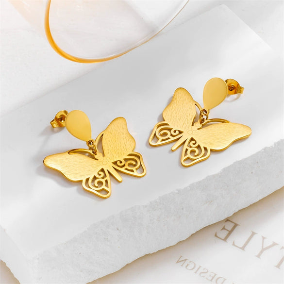 Wholesale Titanium Steel Insect Butterfly Earrings Fashionable Elegant Light Luxury Hollow Solid Electroplated Design For Women