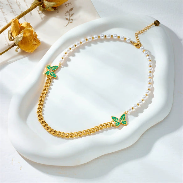 Wholesale Titanium Steel Insect Pattern Electroplated Butterfly Pearl Chain Splicing Women's Clavicle Necklace