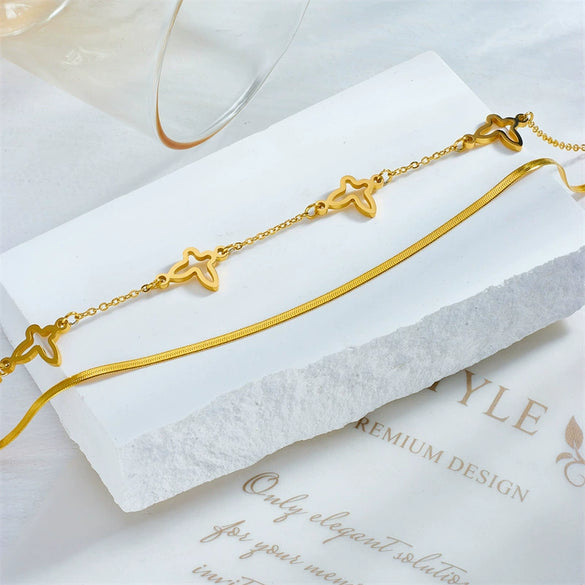 Wholesale Titanium Steel Insect Pattern Hollow Butterfly Multi Layer Irregular Stacked Chain Anklet For Women