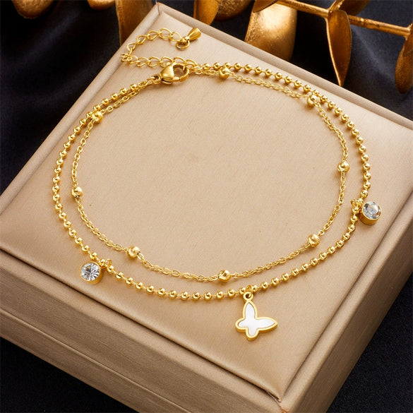 Wholesale Titanium Steel Insect Pattern Multilayered Bead Chain Anklet With Butterfly Pendant For Women