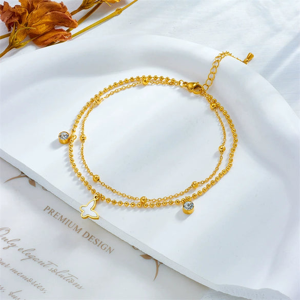 Wholesale Titanium Steel Insect Pattern Multilayered Bead Chain Anklet With Butterfly Pendant For Women