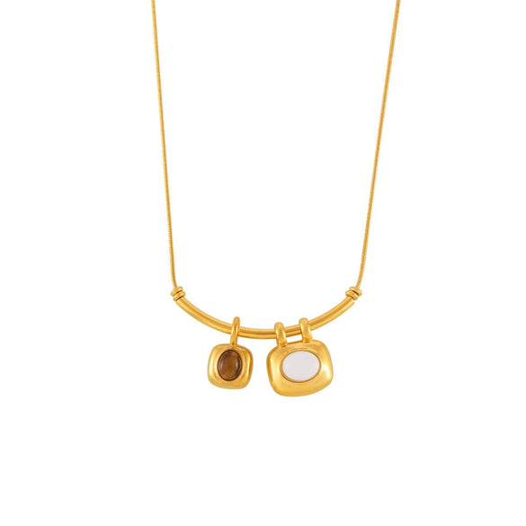 Wholesale 316L Stainless Steel Jewelry French Retro Twocolor Asymmetric Square Pendant Necklace With Tiger Eye White Turquoise Electroplating Geometric Style For Women