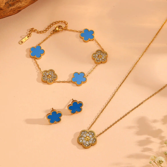 Wholesale Titanium Steel Jewelry Set With Diamond And Plants Flowers Pattern For Women