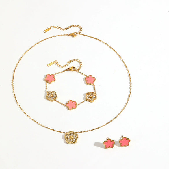Wholesale Titanium Steel Jewelry Set With Diamond And Plants Flowers Pattern For Women