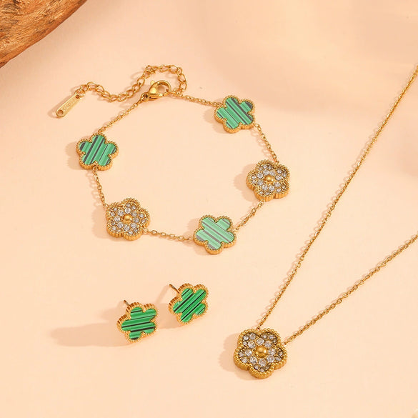 Wholesale Titanium Steel Jewelry Set With Diamond And Plants Flowers Pattern For Women