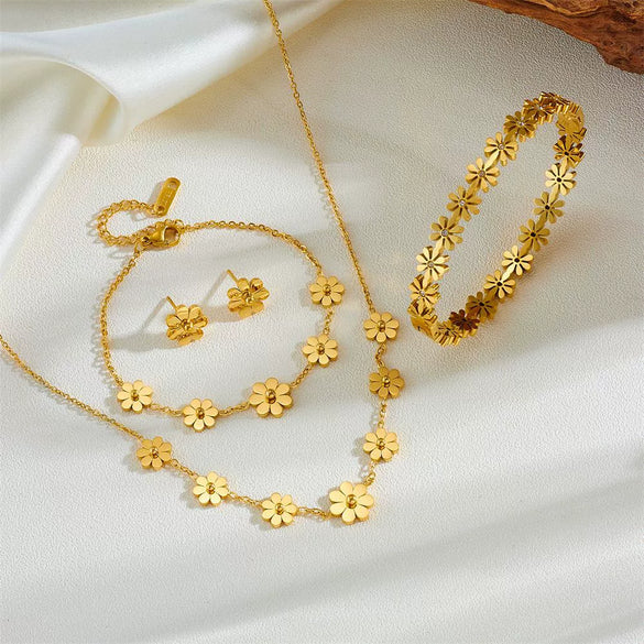 Wholesale Titanium Steel Jewelry Set With Flower Pattern For Women Earrings Necklace Anklet Bracelet Geometric Design Box Chain