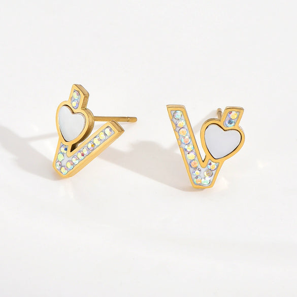 Wholesale Titanium Steel 14K Electroplated Heartshaped Princess Style Women's Earrings With Inlaid Zircon