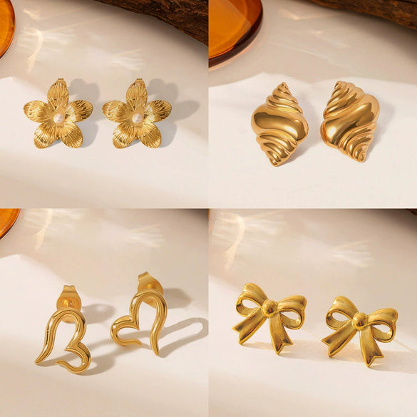 Wholesale Titanium Steel 18K Gold Electroplated Heart Flower Bow Shape Light Luxury Style Earrings For Women