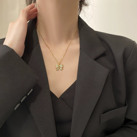 Wholesale Titanium Steel Light Luxury Bow Diamondinspired Women's Necklace With Ochain