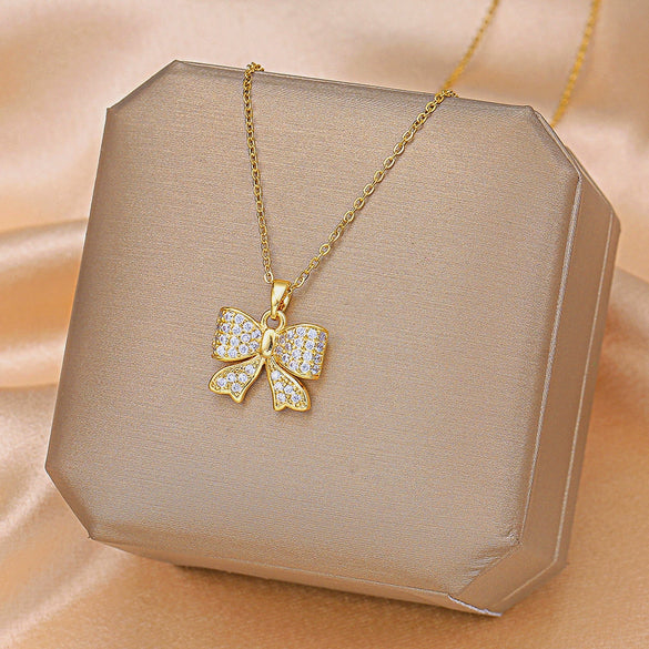 Wholesale Titanium Steel Light Luxury Bow Diamondinspired Women's Necklace With Ochain