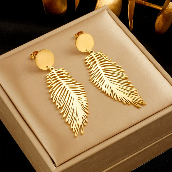Wholesale Titanium Steel Long Exaggerated Feather Pendant Earrings Retro Cold Style Electroplating For Women
