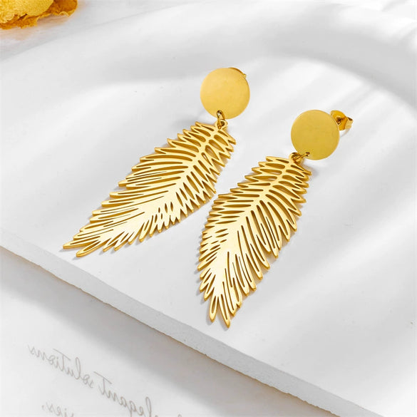 Wholesale Titanium Steel Long Exaggerated Feather Pendant Earrings Retro Cold Style Electroplating For Women