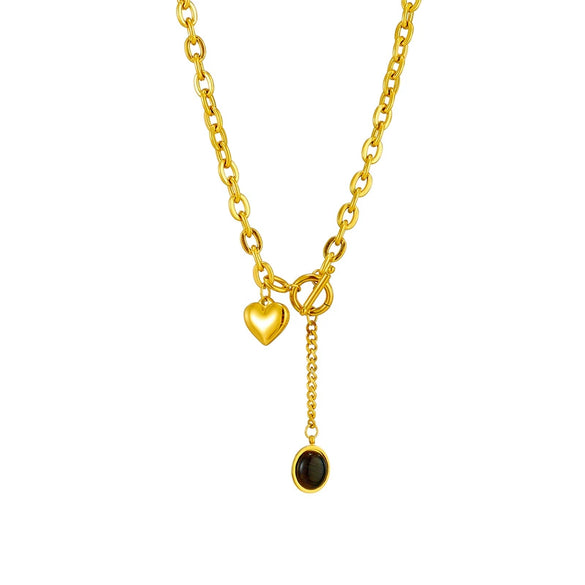 Wholesale Titanium Steel Metal Thick Chain With Oval Tassel Pendant And Heart Shaped Love O Buckle Electroplated Simple Fashion Heavy Industry Unisex Necklace