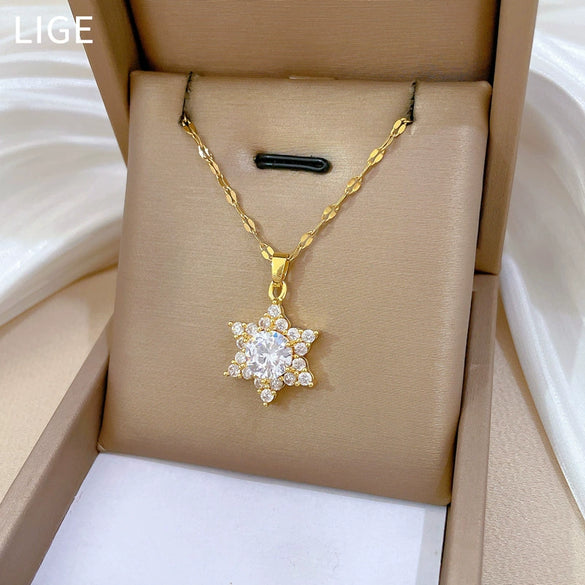 Wholesale Titanium Steel Micro Inlay Geometric Snowflake Cartoon Necklace For Women