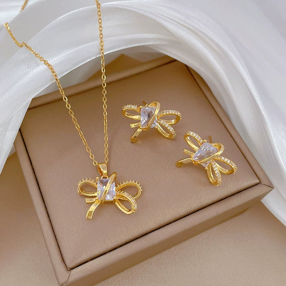 Wholesale Titanium Steel Microinlaid Geometric Bow Women's Necklace Earrings Set With Electroplating