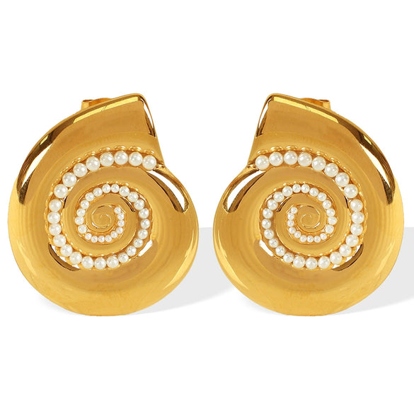 Wholesale 316L Stainless Steel Minimalist Conch White Bead Earrings With Electroplating For Women