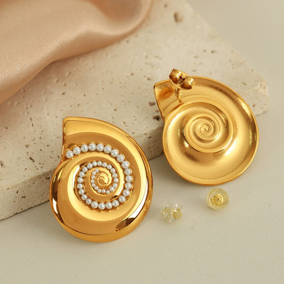 Wholesale 316L Stainless Steel Minimalist Conch White Bead Earrings With Electroplating For Women