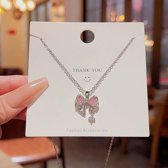 Wholesale Titanium Steel Mixed Gem Inlay Cherry Pendant Necklace For Women Light Luxury Inlaid Zircon Cross Chain
