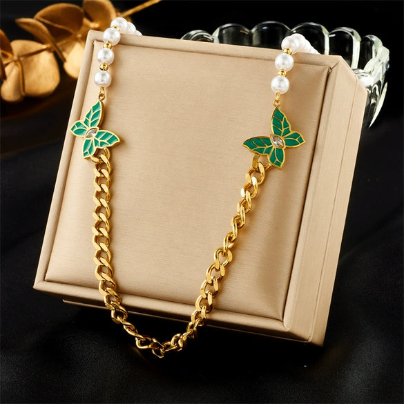 Wholesale Titanium Steel Multi Layer Stacked Clavicle Chain With Butterfly And Geometric Pattern Pendant Electroplated