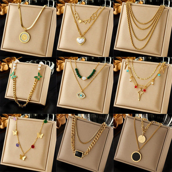 Wholesale Titanium Steel Multi Layer Stacked Clavicle Chain With Butterfly And Geometric Pattern Pendant Electroplated