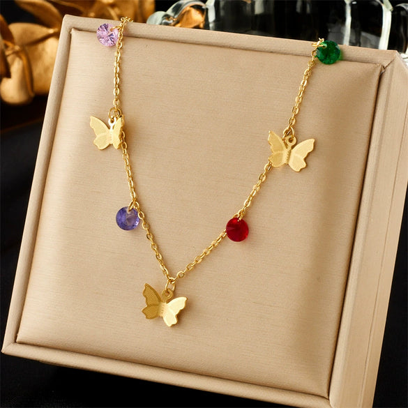 Wholesale Titanium Steel Multi Layer Stacked Clavicle Chain With Butterfly And Geometric Pattern Pendant Electroplated