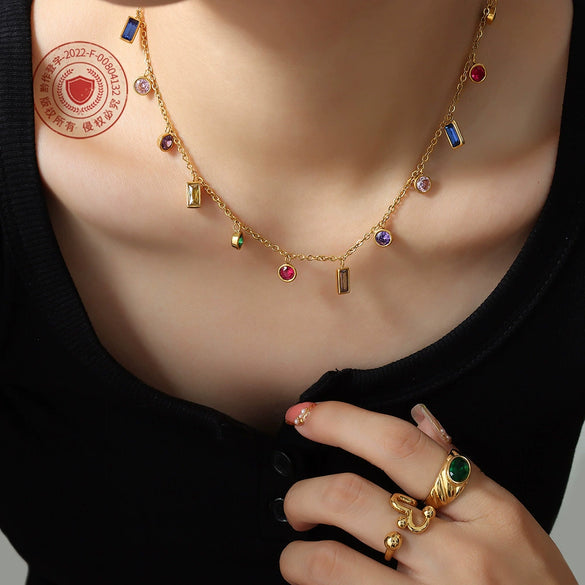 Wholesale Titanium Steel Multicolor Zircon Jewelry Set Electroplated Tassel Necklace And Bracelet For Women