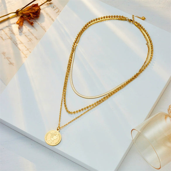 Wholesale Titanium Steel Multilayer Chain Bead Chain Round Pendant Jewelry Necklace For Women With Electroplating Treatment