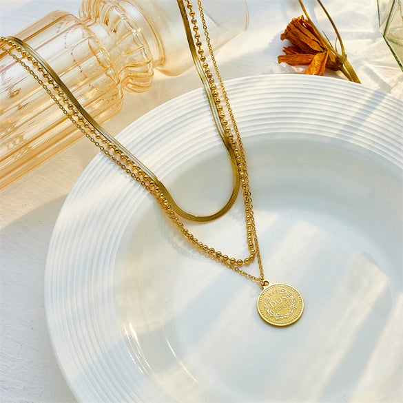 Wholesale Titanium Steel Multilayer Chain Bead Chain Round Pendant Jewelry Necklace For Women With Electroplating Treatment