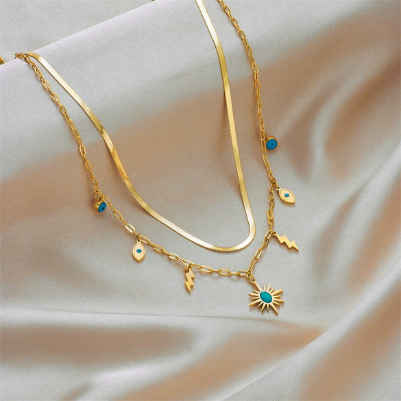 Wholesale Titanium Steel Multilayer Pendant Necklace With Geometric Pattern Retro Style Electroplated