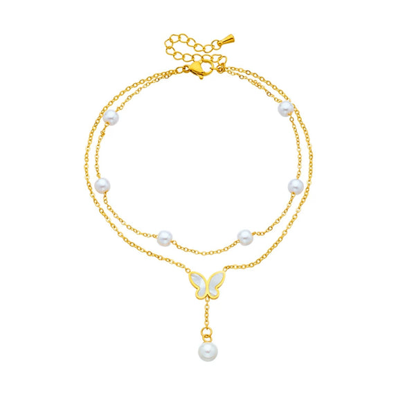 Wholesale Titanium Steel Multilayer Stacked Pearl Butterfly Tassel Bow Anklet For Women