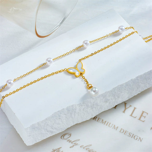 Wholesale Titanium Steel Multilayer Stacked Pearl Butterfly Tassel Bow Anklet For Women