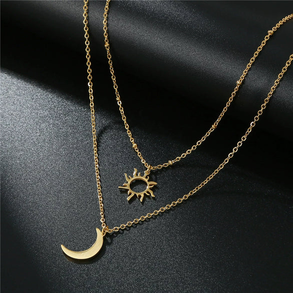 Wholesale Titanium Steel Multilayer Sun Moon Ochain Necklace For Women With Electroplating Treatment Simple And Generous Niche Clavicle Chain