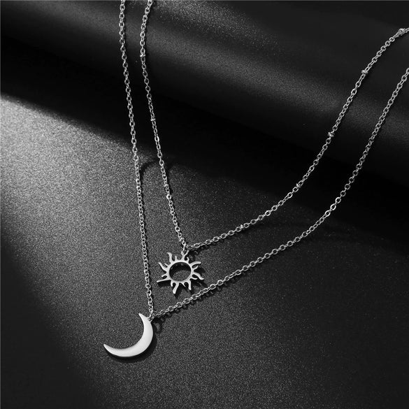 Wholesale Titanium Steel Multilayer Sun Moon Ochain Necklace For Women With Electroplating Treatment Simple And Generous Niche Clavicle Chain
