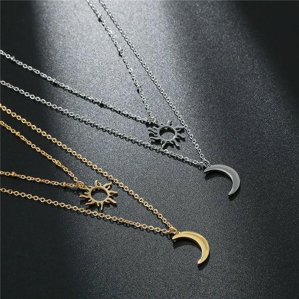 Wholesale Titanium Steel Multilayer Sun Moon Ochain Necklace For Women With Electroplating Treatment Simple And Generous Niche Clavicle Chain
