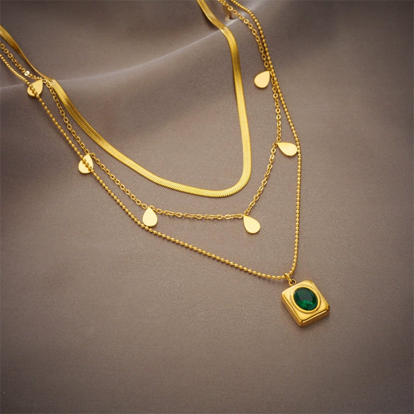 Wholesale Titanium Steel Multilayered Necklace Retro Geometric Square Water Drop Design Electroplated