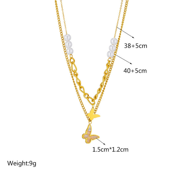 Wholesale Titanium Steel Necklace Double Layer Irregular Chain Beaded Butterfly Pendant Geometric Design Electroplating For Women