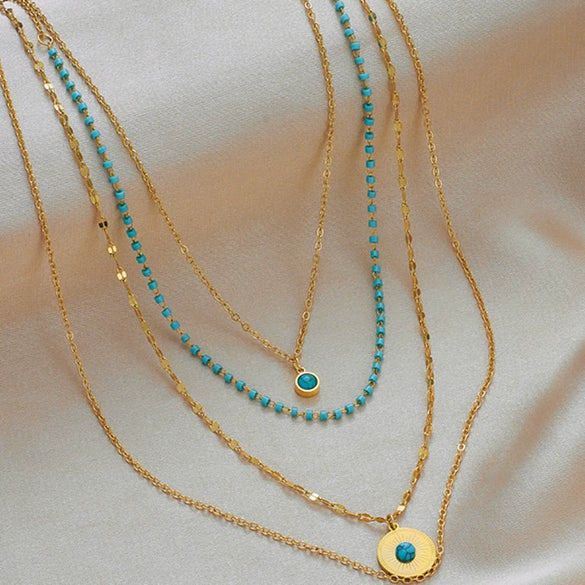 Wholesale Titanium Steel Necklace With Geometric Pattern Four Layer Chain Irregular Round Pendant Electroplated For Women