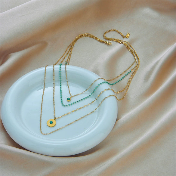 Wholesale Titanium Steel Necklace With Geometric Pattern Four Layer Chain Irregular Round Pendant Electroplated For Women