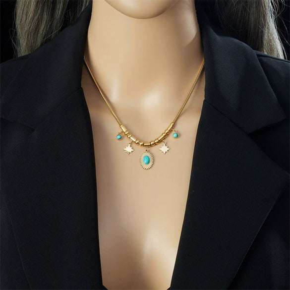 Wholesale Titanium Steel Necklace With Geometric Turquoise Pendant Electroplated All Match Elegant Light Luxury For Women