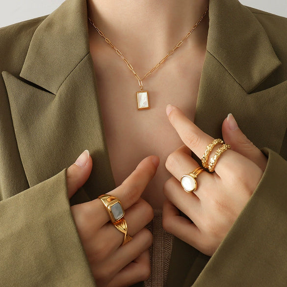 Wholesale Titanium Steel Necklace With Golden Clasp Square Inlaid White Seashells Pendant Fashion Geometric Design For Women