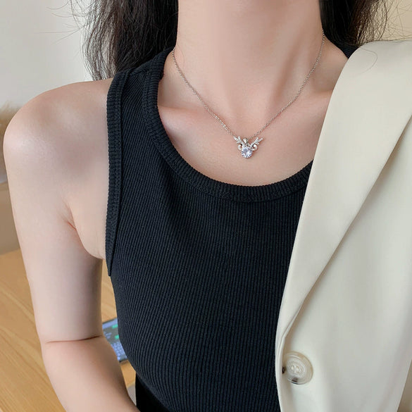 Wholesale Titanium Steel Necklace With Mori Antler Pendant Mixed Gem Inlay Letters And Numbers Pattern For Women