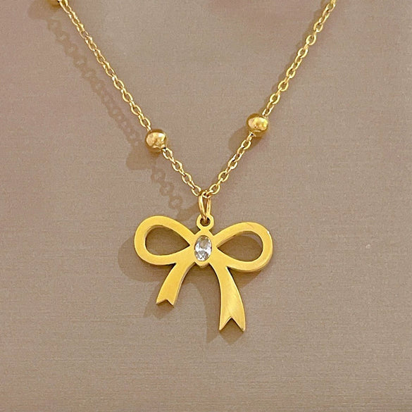 Wholesale Titanium Steel Necklace With Zircon Bow Geometric Pattern Electroplating Cartoon Style
