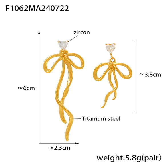 Wholesale 316L Stainless Steel Niche Sweet Asymmetric Earrings With Zircon Ribbon Bow And Geometric Tassel Design Electroplated For Women