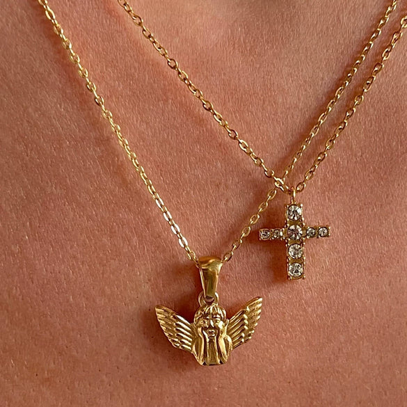 Wholesale Titanium Steel Ochain Light Luxury Geometric Cross Pendant Necklace With Real Gold Electroplating For Women