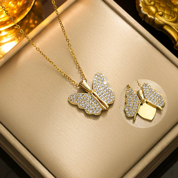 Wholesale Titanium Steel Open Butterfly Pendant With Heart Wings And Lettering Electroplated Ochain For Women