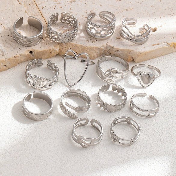 Wholesale Titanium Steel Open Ring With Hollowout Design And Heart Shape Flower Leaves Letters Numbers Text Patterns Electroplated Unisex