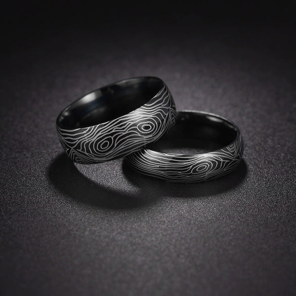 Wholesale Titanium Steel Pair Of Rings With Handdecorated Damascus Steel Pattern And Geometric Styling Electroplated